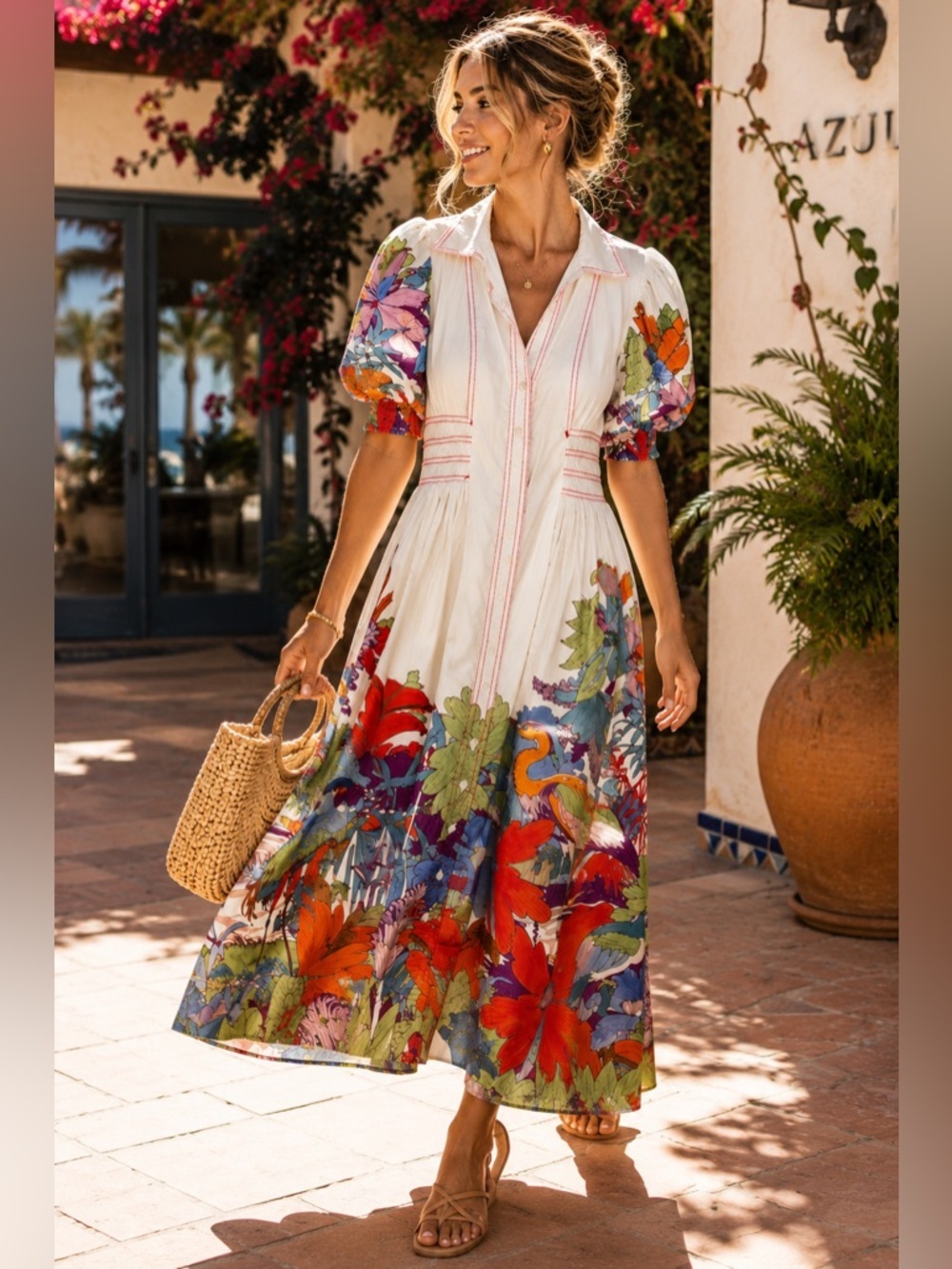Anthropologie Maeve Birds of Paradise Puff Sleeve Smocked Midi Dress XS